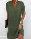 Mara Draped Shift Dress with V-Neck and Split Sleeves in Army Green