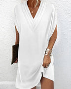 Mara Draped Shift Dress with V-Neck and Split Sleeves in White