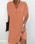 Mara Draped Shift Dress with V-Neck and Split Sleeves in Orange