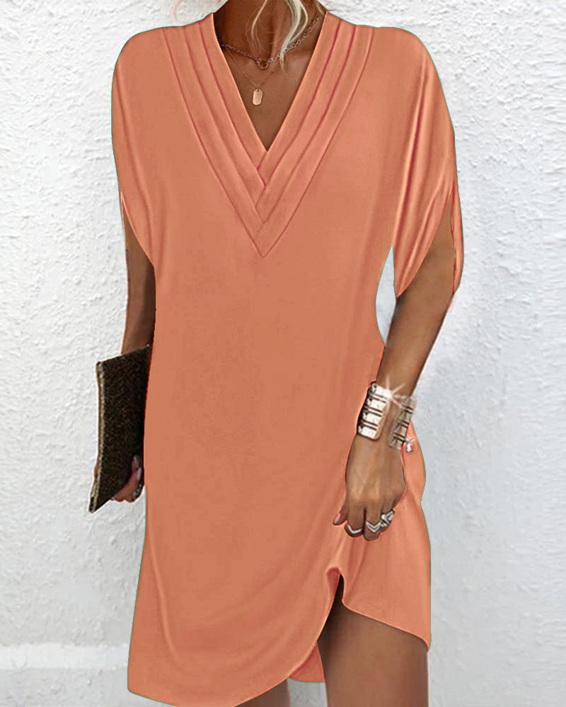 Mara Draped Shift Dress with V-Neck and Split Sleeves in Orange