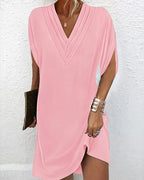 Mara Draped Shift Dress with V-Neck and Split Sleeves in Pink