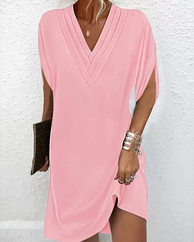Mara Draped Shift Dress with V-Neck and Split Sleeves in Pink