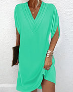 Mara Draped Shift Dress with V-Neck and Split Sleeves in Green