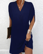 Mara Draped Shift Dress with V-Neck and Split Sleeves in Navy
