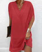 Mara Draped Shift Dress with V-Neck and Split Sleeves in Red