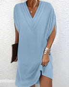 Mara Draped Shift Dress with V-Neck and Split Sleeves in Blue