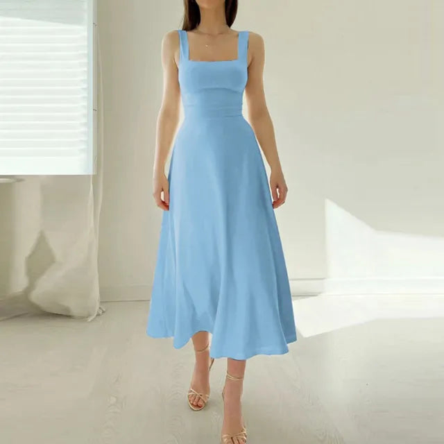 Matilde Square Neck Midi Dress with A-Line Skirt in Blue