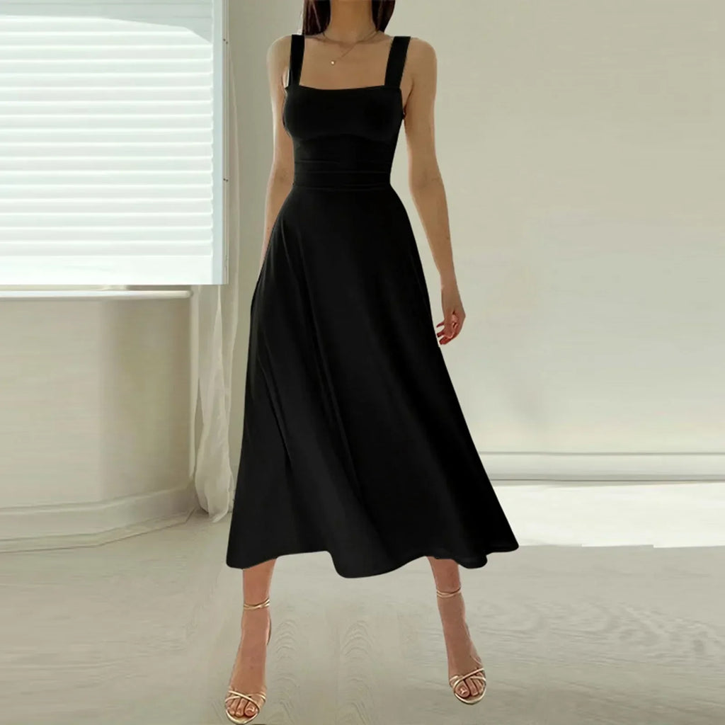 Matilde Square Neck Midi Dress with A-Line Skirt in Black