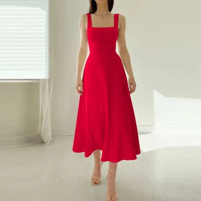 Matilde Square Neck Midi Dress with A-Line Skirt in Red