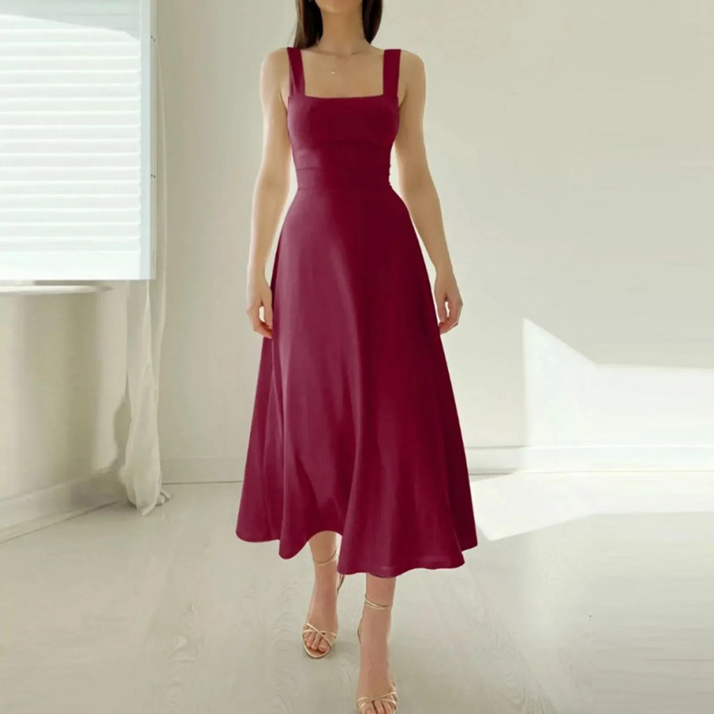Matilde Square Neck Midi Dress with A-Line Skirt in Dark Red