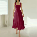 Matilde Square Neck Midi Dress with A-Line Skirt in Dark Red