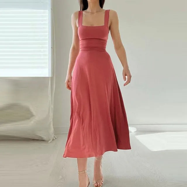 Matilde Square Neck Midi Dress with A-Line Skirt in Pink