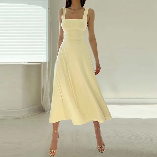 Matilde Square Neck Midi Dress with A-Line Skirt in Beige