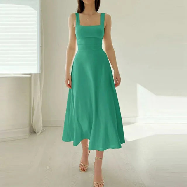 Matilde Square Neck Midi Dress with A-Line Skirt in Mint Green