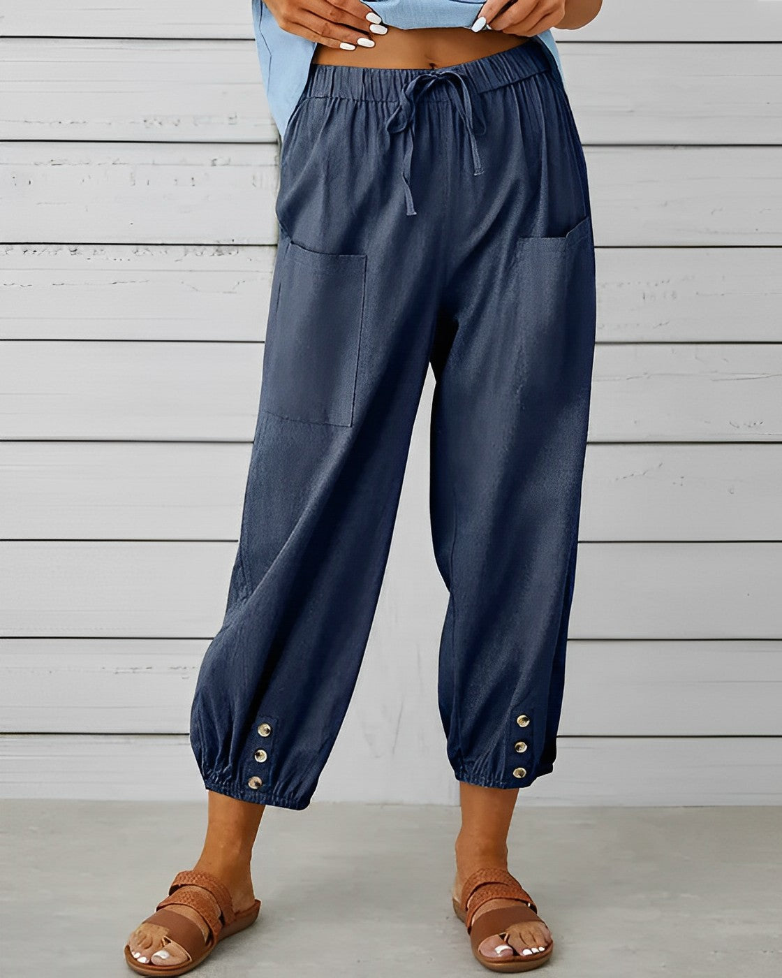 Maya High-Waisted Wide Trousers with Elastic Back Waist in Navy