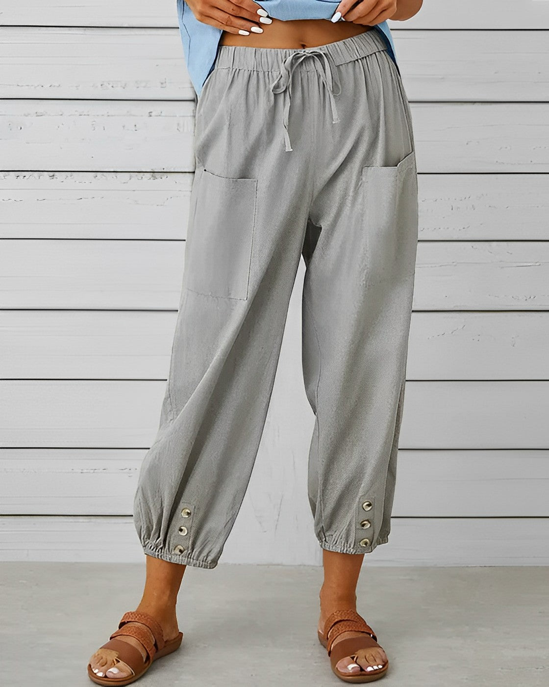 Maya High-Waisted Wide Trousers with Elastic Back Waist in Grey