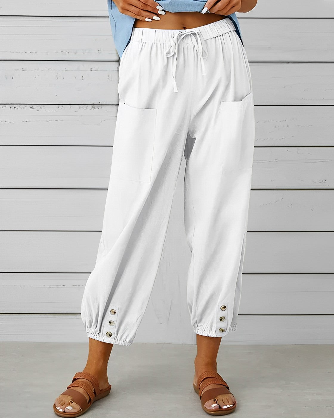 Maya High-Waisted Wide Trousers with Elastic Back Waist in White