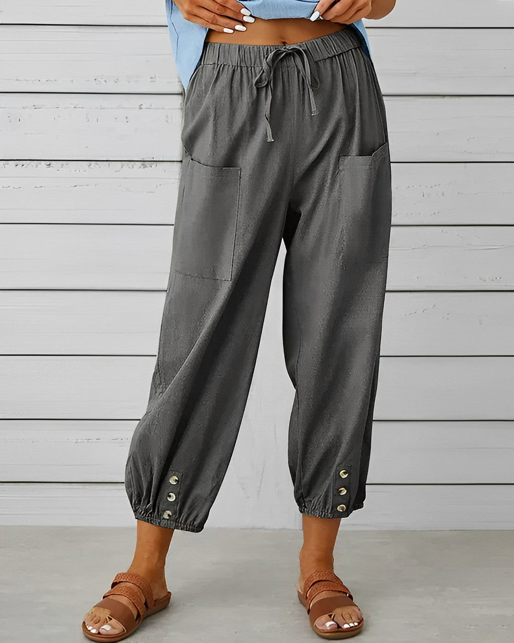 Maya High-Waisted Wide Trousers with Elastic Back Waist in Dark Grey