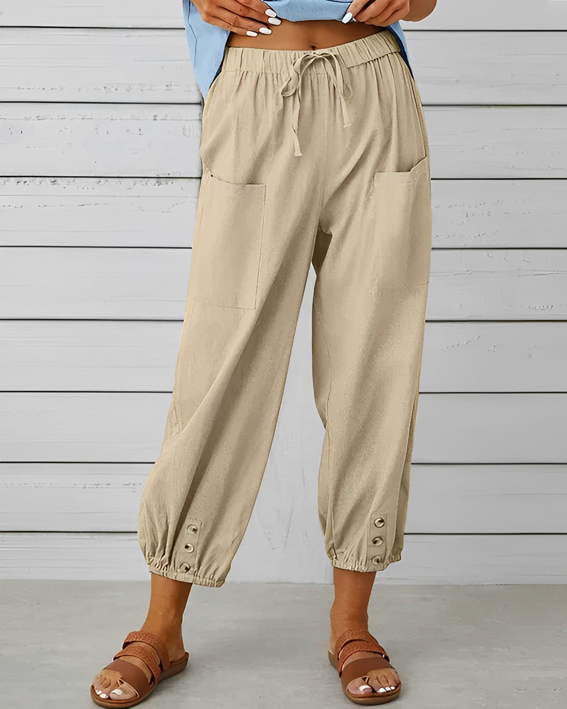 Maya High-Waisted Wide Trousers with Elastic Back Waist in Khaki