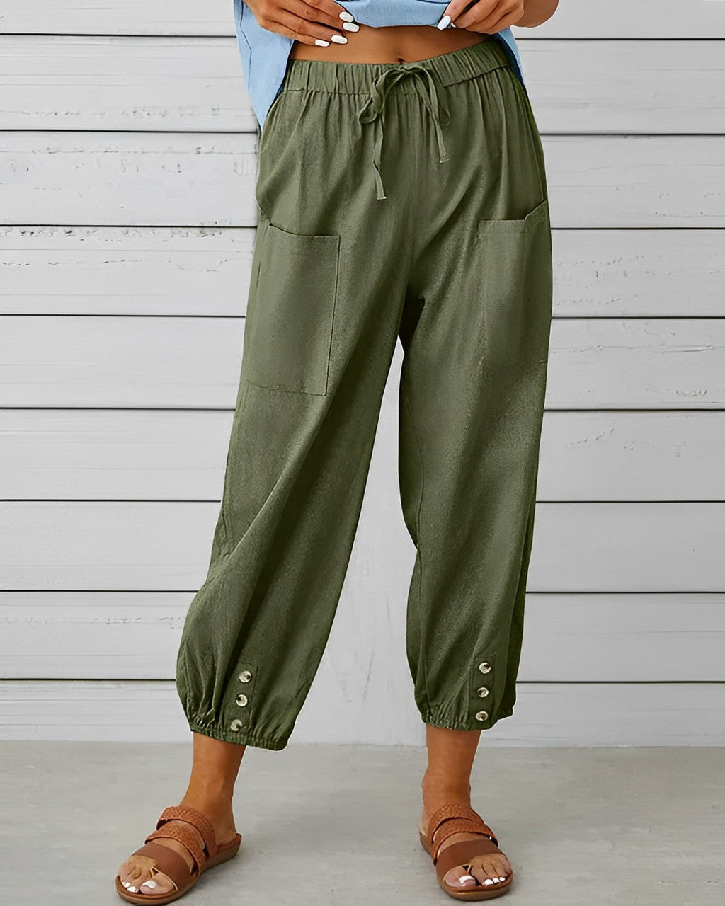Maya High-Waisted Wide Trousers with Elastic Back Waist in Army Green