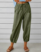 Maya High-Waisted Wide Trousers with Elastic Back Waist in Army Green