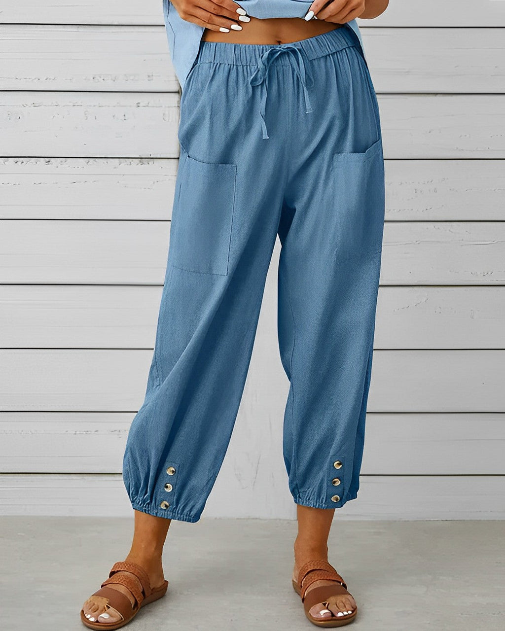 Maya High-Waisted Wide Trousers with Elastic Back Waist in Sky Blue