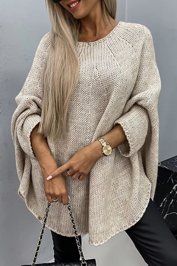 Nadia Oversized Batwing Sweater with a Curved Hem in Beige