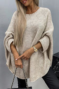 Nadia Oversized Batwing Sweater with a Curved Hem in Beige