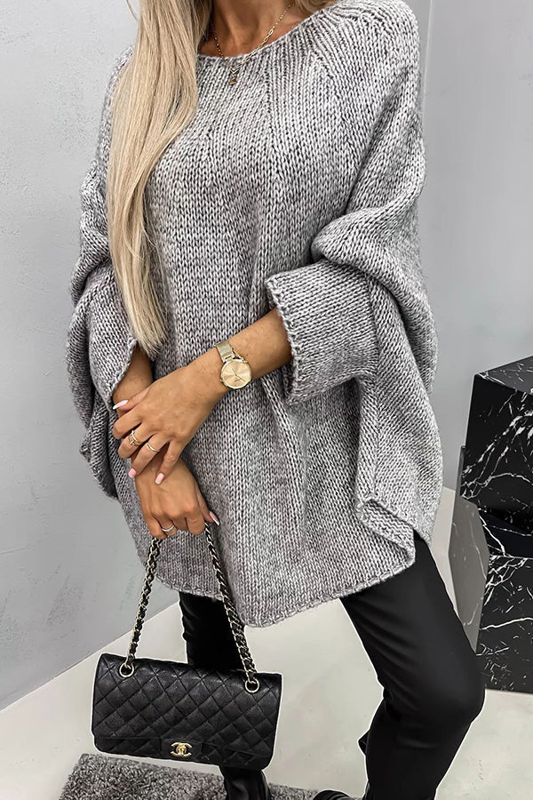 Nadia Oversized Batwing Sweater with a Curved Hem in Grey