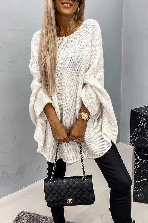 Nadia Oversized Batwing Sweater with a Curved Hem in White