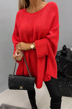 Nadia Oversized Batwing Sweater with a Curved Hem in Red