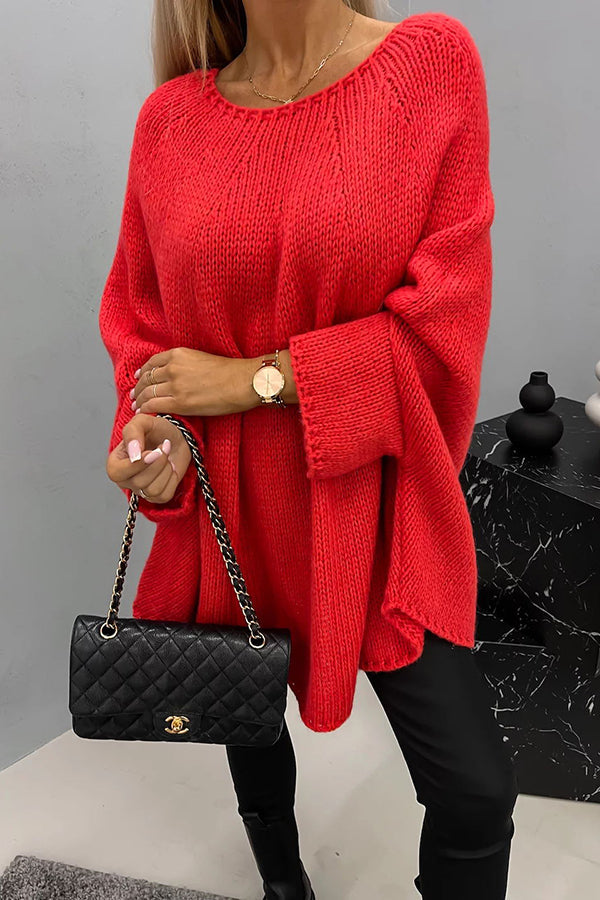 Nadia Oversized Batwing Sweater with a Curved Hem in Red