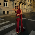 One-Shoulder Satin Maxi Dress with Draped Sash Detail in Wine Red