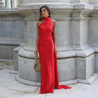 One-Shoulder Satin Maxi Dress with Draped Sash Detail in Red