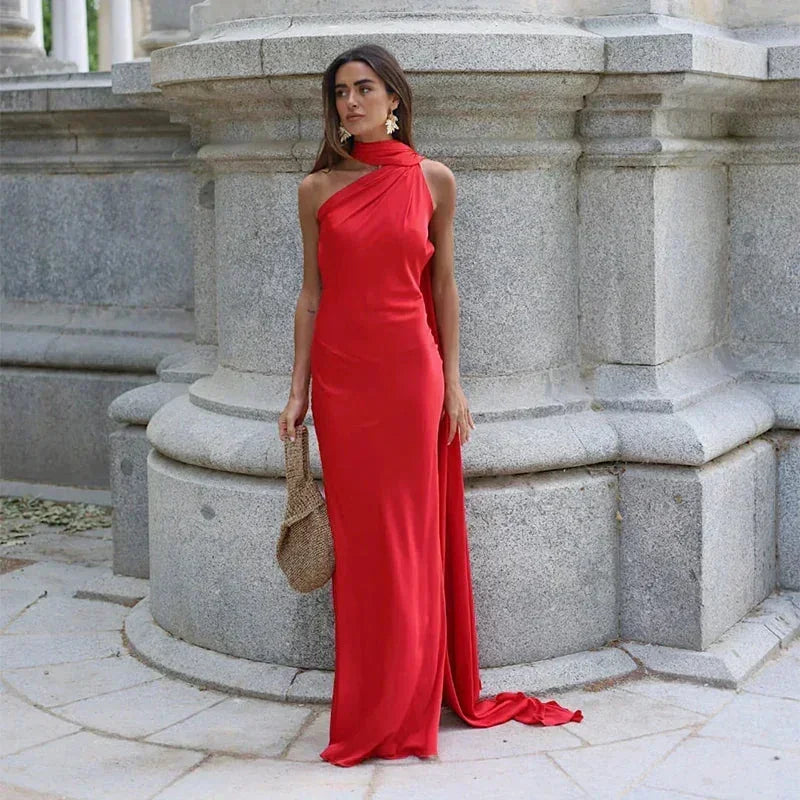 One-Shoulder Satin Maxi Dress with Draped Sash Detail in Red