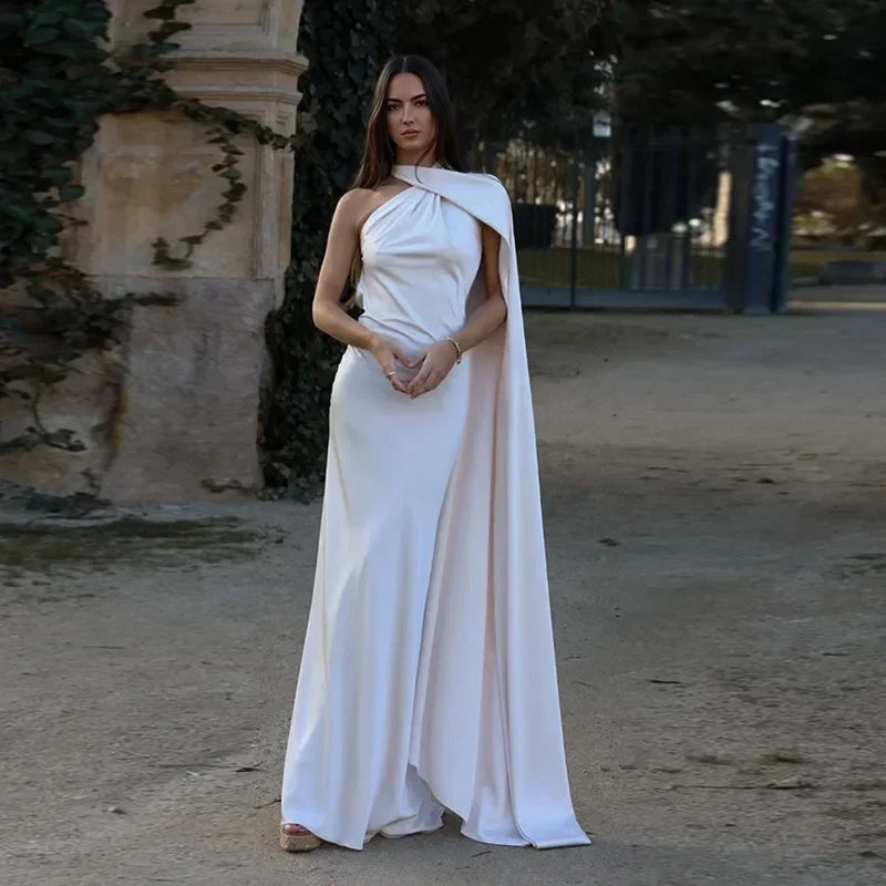One-Shoulder Satin Maxi Dress with Draped Sash Detail in White