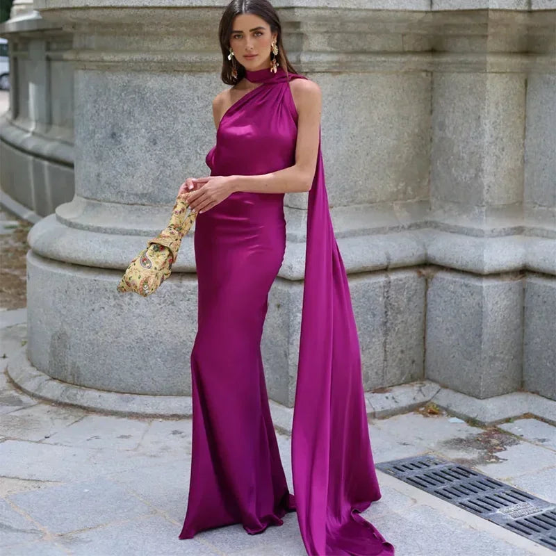 One-Shoulder Satin Maxi Dress with Draped Sash Detail in Purple