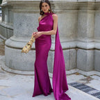 One-Shoulder Satin Maxi Dress with Draped Sash Detail in Purple