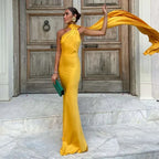 One-Shoulder Satin Maxi Dress with Draped Sash Detail in Yellow
