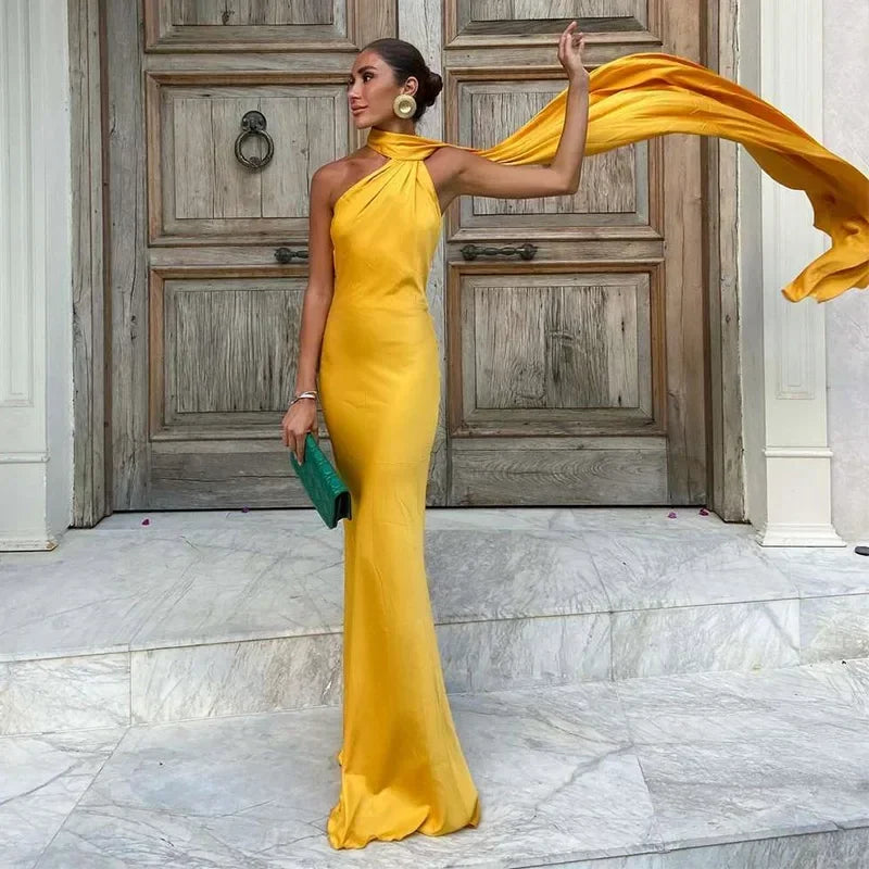 One-Shoulder Satin Maxi Dress with Draped Sash Detail in Yellow