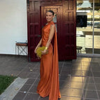 One-Shoulder Satin Maxi Dress with Draped Sash Detail in Orange