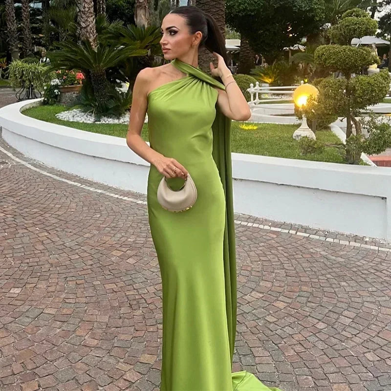 One-Shoulder Satin Maxi Dress with Draped Sash Detail in Green