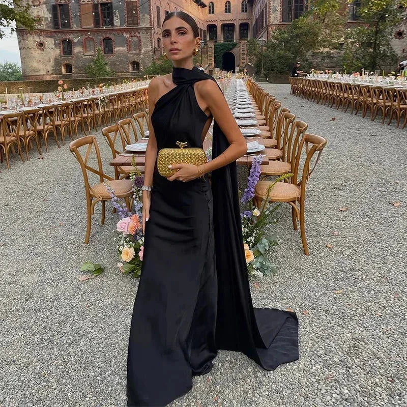 One-Shoulder Satin Maxi Dress with Draped Sash Detail in Black
