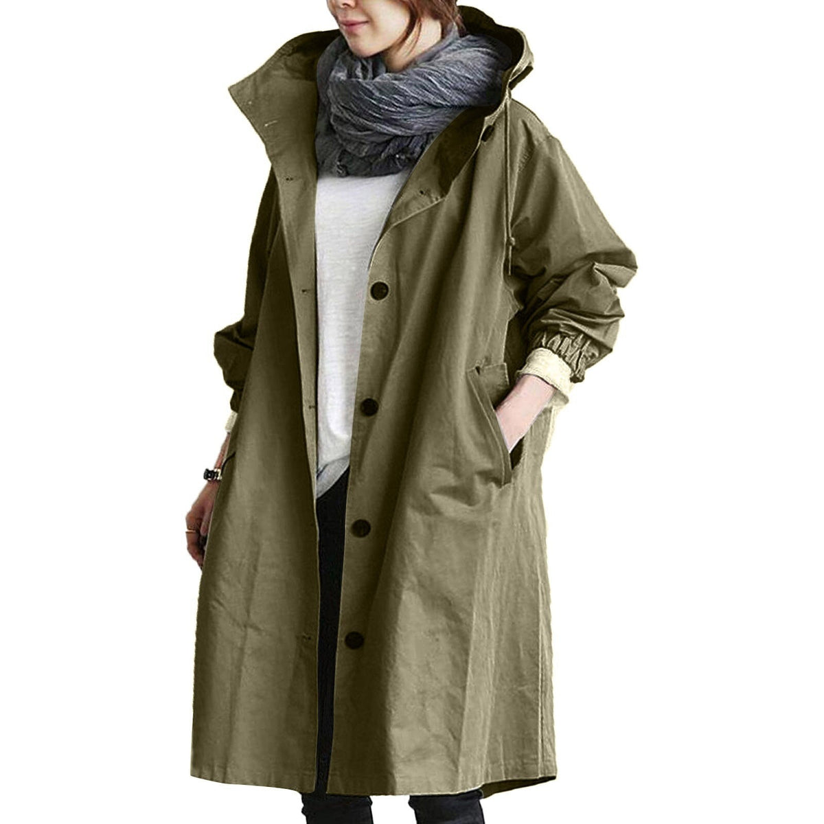 Oversized Hooded Windbreaker Trench with Button Front in Army Green