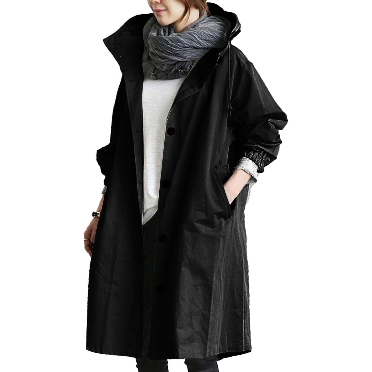 Oversized Hooded Windbreaker Trench with Button Front in Black