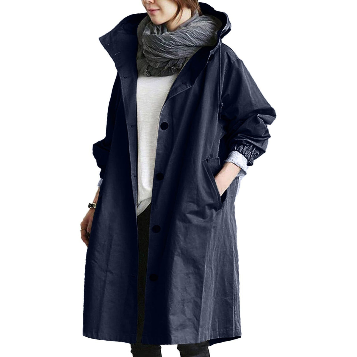 Oversized Hooded Windbreaker Trench with Button Front in Dark Blue