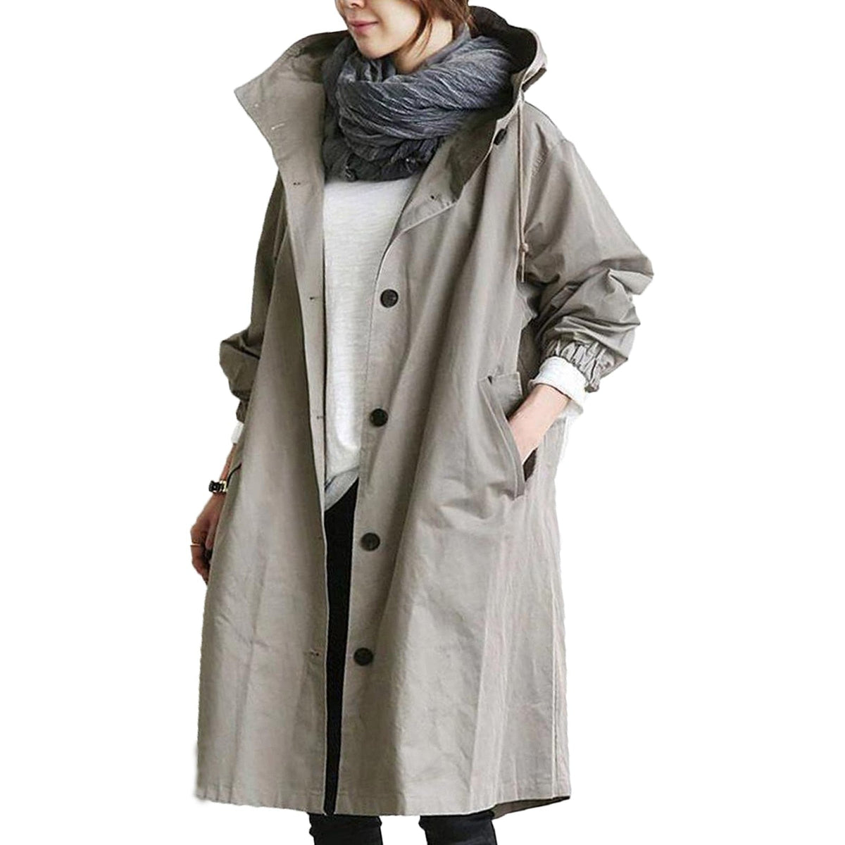 Oversized Hooded Windbreaker Trench with Button Front in Grey