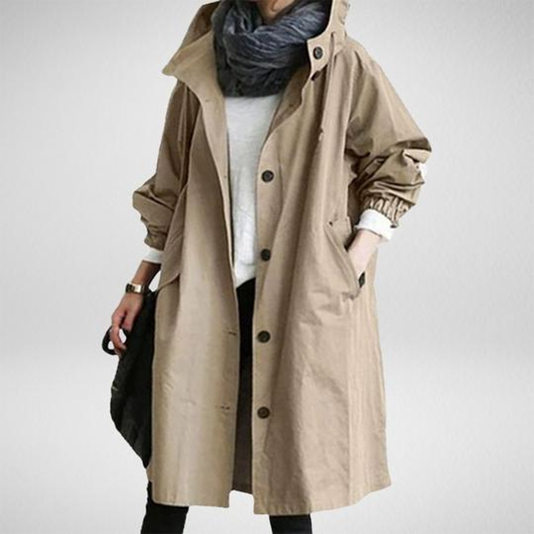 Oversized Hooded Windbreaker Trench with Button Front in Khaki
