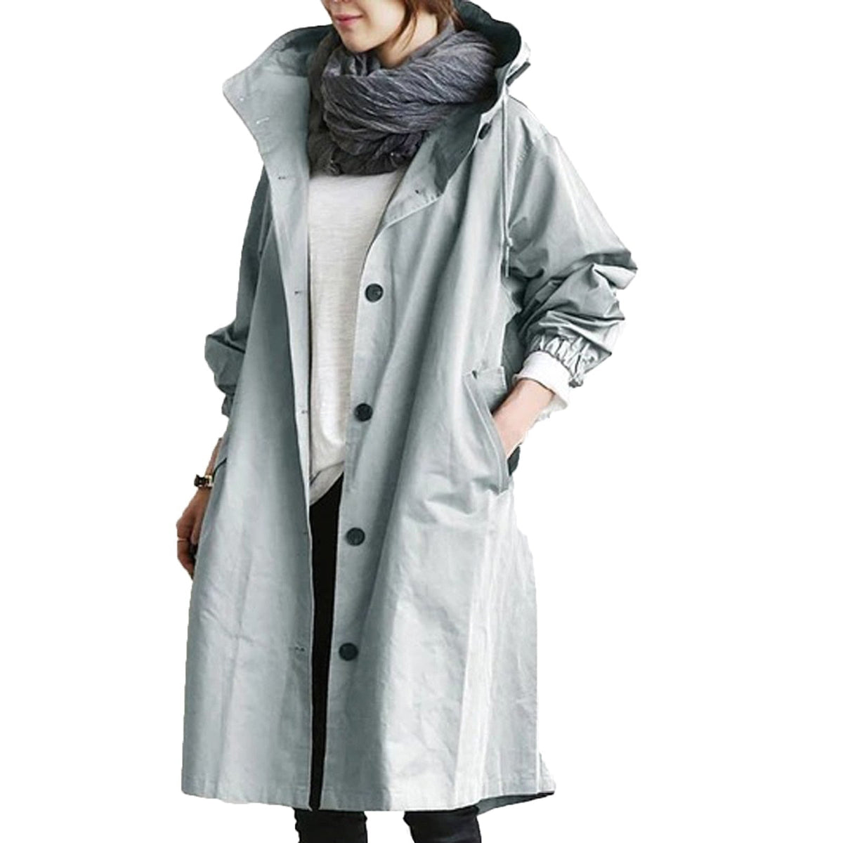 Oversized Hooded Windbreaker Trench with Button Front in Light Blue