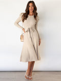 Pasbie Knitted Midi Dress with Tie Waist and Long Sleeves in Beige